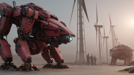 Two large robotic figures loom over a barren landscape with wind turbines as humans observe at sunset.の素材