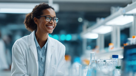 A cheerful scientist in a lab coat engages with equipment, surrounded by various glassware and a high-tech environment.の素材