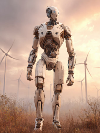 A humanoid robot stands amidst wind turbines at sunset, blending technology with nature in a serene environment.の素材