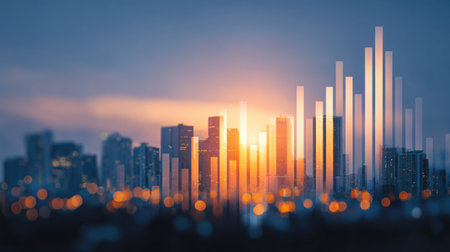 Urban landscape features buildings silhouetted by a sunset, with abstract data bars illustrating growth and progress in the foreground.の素材