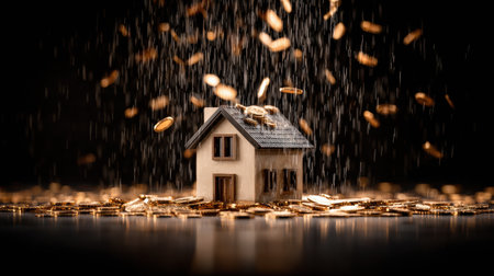A small house sits on a reflective surface while coins rain down around it, symbolizing financial success and abundance.の素材