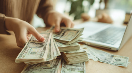 A person organizes and counts stacks of cash next to an open laptop in a bright and tidy workspace, showcasing productivity.の素材