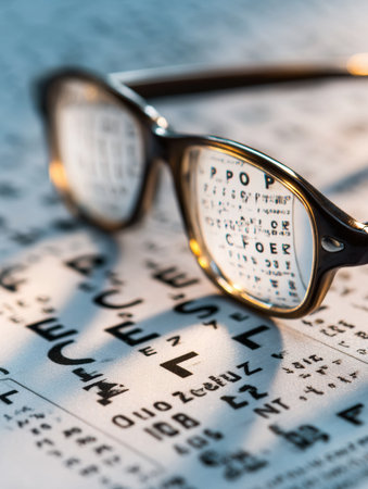 Glasses are resting on an eye chart, showing various letters and symbols used for vision tests in a bright clinic.の素材