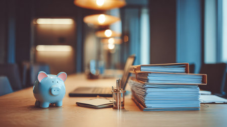 A workspace features piles of documents, a piggy bank, and a pen on a wooden table in a contemporary office setting.の素材