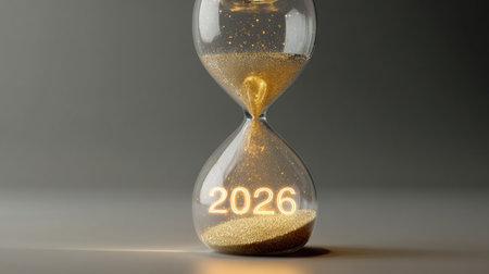 An hourglass displaying the year 2026 as golden sand flows, symbolizing the passage of time in a tranquil setting.の素材