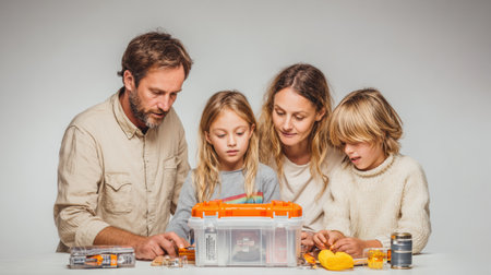 Family engages in creative activities with children, exploring tools and crafts while bonding over shared interests and projects.の素材