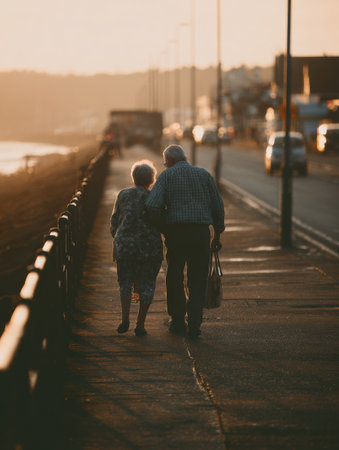 An elderly couple strolls hand in hand along a waterfront promenade at sunset, enjoying a quiet moment together in their town.の素材