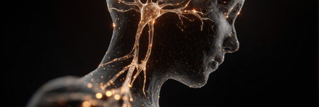 Detailed illustration showing a human head silhouette filled with illuminated neurons and synapses, highlighting brain connectivity.の素材