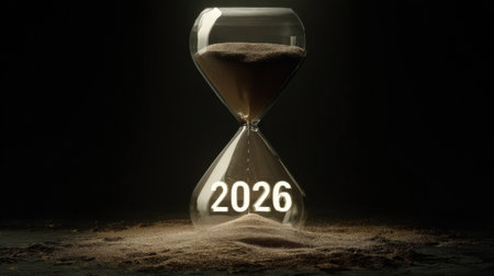 An hourglass illuminated from behind shows the year 2026 as sand continues to flow, symbolizing the passage of time in a dark environment.の素材
