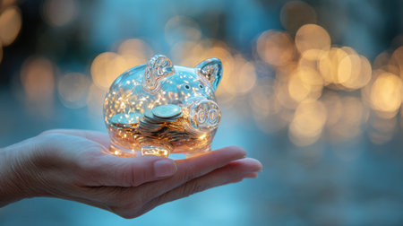 A hand supports a clear piggy bank with coins inside, surrounded by soft glowing lights creating a calm and inviting atmosphere.の素材