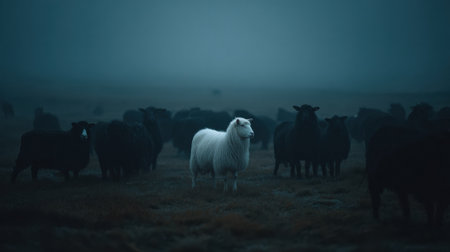 A lone white sheep is prominently visible amidst a group of dark sheep in a foggy field during twilight, creating a striking scene.の素材