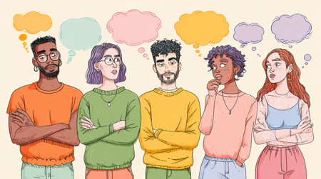 Five friends with unique hairstyles and outfits stand together, deep in thought, with colorful speech bubbles above them.の素材