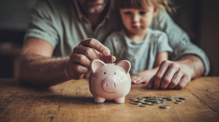 A grandparent helps a young child place a coin in a piggy bank on a wooden table, fostering lessons about saving money together.の素材