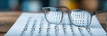 Reading glasses rest on a wooden table, focusing on an eye chart filled with letters and symbols for vision testing.の素材