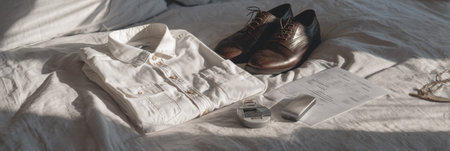 A neatly arranged outfit featuring a white shirt, leather shoes, and essential accessories on a softly lit bed, preparing for an event.の素材