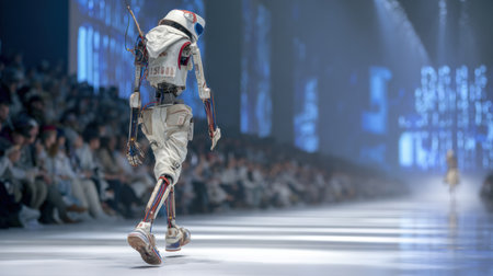 A robot model walks down a modern runway, displaying innovative fashion as an audience watches in anticipation during a nighttime event.の素材