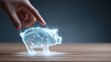 A human hand is reaching out to touch a holographic piggy bank, symbolizing saving money in a digital age.の素材
