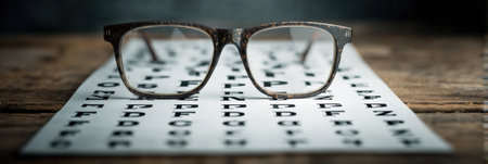 Eyeglasses rest on a wooden surface in front of an eye chart designed for vision assessment and testing clarity and focus.の素材
