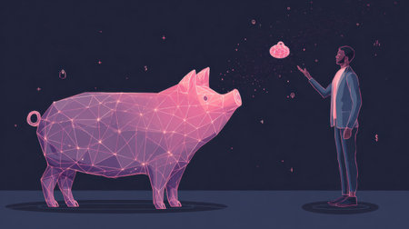 A person stands calmly, interacting with a digital representation of a pig, showing a blend of technology and creativity.の素材