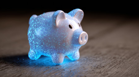 A glowing piggy bank emits a soft blue light on a rustic wooden surface, creating a magical nighttime atmosphere.の素材