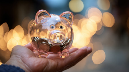 A hand holds a glass piggy bank filled with coins, set against a softly blurred background filled with warm lights.の素材