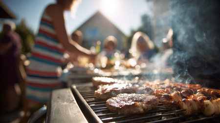 Friends gather around a grill on a sunny afternoon, enjoying a barbecue with sizzling meats and laughter filling the air.の素材