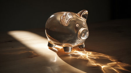 A glass piggy bank shines in soft light, creating warm reflections on the wooden surface during a serene moment of the day.の素材