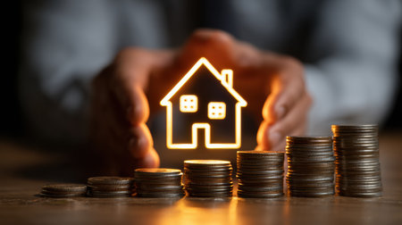 Hands protectively hold a house icon above stacks of coins, highlighting the connection between savings and home ownership goals.の素材