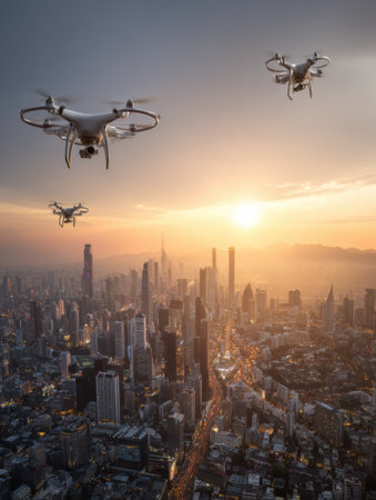 Drones fly high over a lively cityscape as the sun sets, casting a warm glow on the skyline and buzzing with activity below.の素材