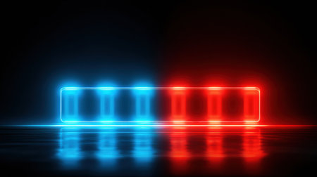 Bright blue and red lights illuminate a dark space, creating a striking visual effect on the reflective floor.の素材
