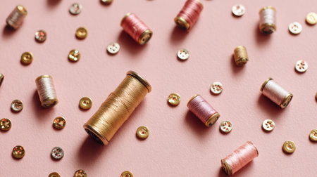 Brightly colored sewing thread spools and shiny buttons are artfully scattered on a soft pink surface, creating a vibrant crafting scene.の素材