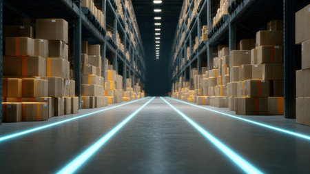 Well-arranged rows of boxes in a storage facility illuminated by bright lights create a systematic and spacious atmosphere.の素材