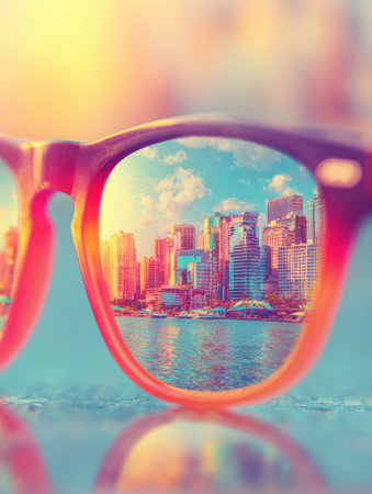 Colorful sunglasses display the reflection of a lively city skyline with buildings along the water, glowing at sunset.の素材