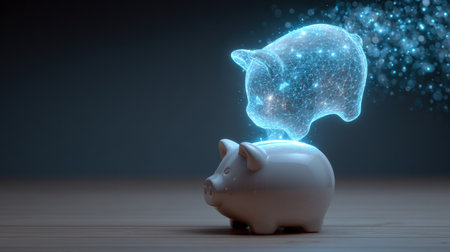 A glowing holographic piggy bank appears above a classic ceramic piggy bank on a wooden table, showcasing innovation in savings.の素材