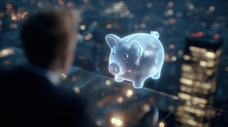 A person observes a holographic piggy bank shining in a vibrant cityscape at night, showing a blend of technology and finance.の素材