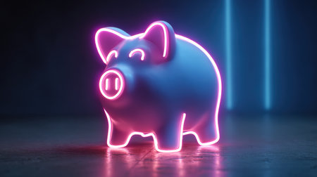 A bright piggy bank glows in neon light on a dark background, symbolizing savings and financial aspirations with a modern design.の素材