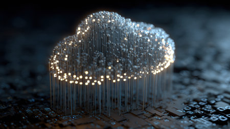 Bright particles form a cloud shape over a dark circuit board, showcasing modern digital technology and innovation in a virtual space.の素材