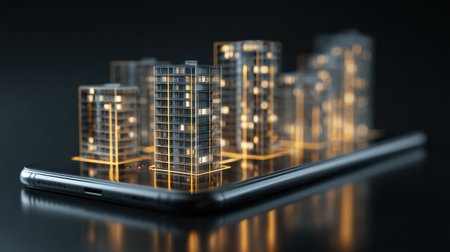 Detailed cityscape model featuring illuminated buildings on smartphone, highlighting advanced urban design and technology.の素材