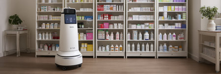 A robot assistant is managing medication organization in a busy pharmacy, surrounded by shelves full of medicine.の素材