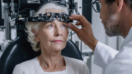 A senior woman undergoes a vision examination while the optometrist adjusts testing equipment carefully in a professional clinic.の素材