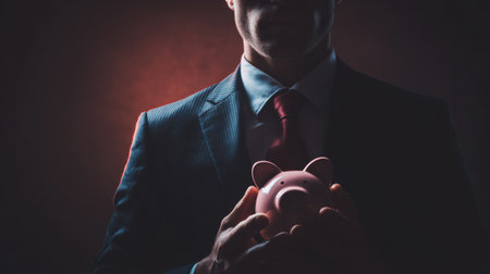 Man in a suit holds a pink piggy bank in a dimly lit environment, symbolizing savings and financial planning.の素材