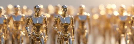 A group of golden robotic figures is arranged in a dynamic pose, illuminated by warm sunset hues, creating a striking spectacle.の素材