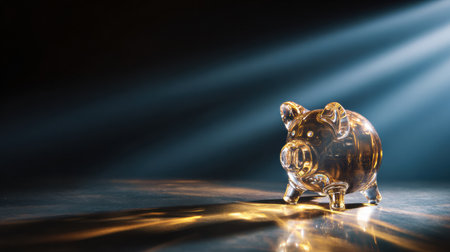 A glass piggy bank stands on a dark background, highlighted by dramatic rays of light showing its shiny surface.の素材