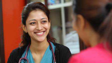 A cheerful healthcare worker interacts joyfully with a patient in a bright clinic, showing an atmosphere of care and support.の素材