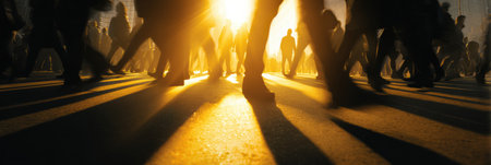 People are seen walking briskly along a busy street at sunset, their silhouettes casting long shadows on the pavement.の素材