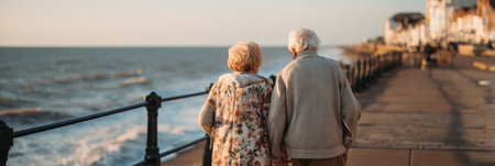 Two elderly people stroll together on a coastal path as waves crash against the shore during a beautiful sunset.の素材