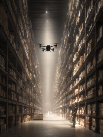 A drone flies above a worker amid towering shelves filled with boxes during an evening inventory check in a large warehouse.の素材