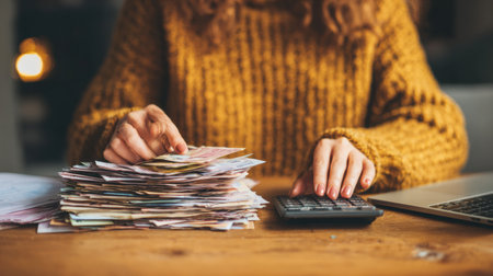 A person organizes cash and uses a calculator at a wooden table, dressed warmly in a sweater, focusing on budgeting tasks.の素材