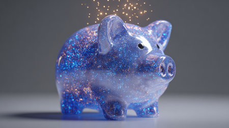 A vibrant piggy bank made of clear material filled with glitter sparkles sits on a flat surface, creating a magical atmosphere.の素材