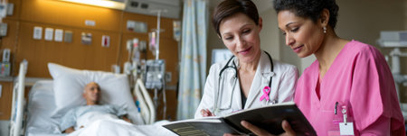 Two healthcare workers review patient information while a patient rests in bed nearby in a medical room setting.の素材